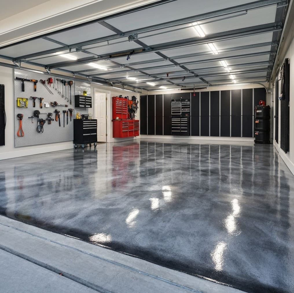 Metallic silver and charcoal epoxy coating in a residential garage