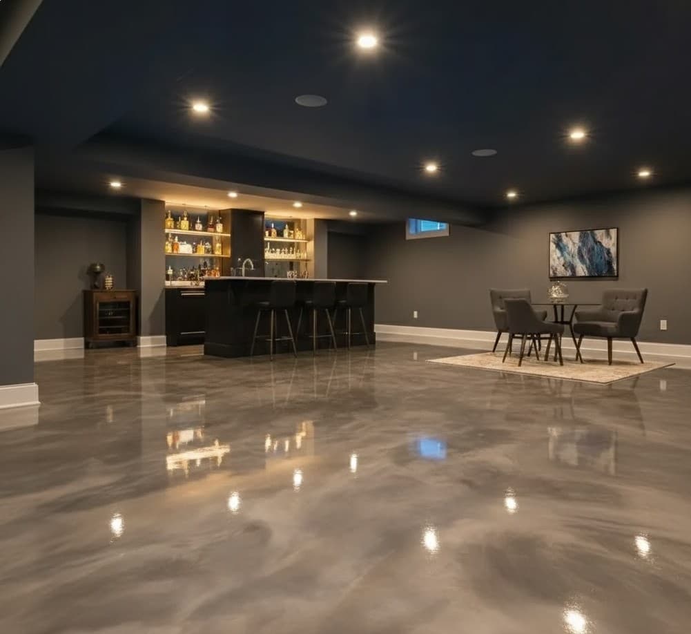 Blue metallic epoxy floor in a modern basement entertainment room