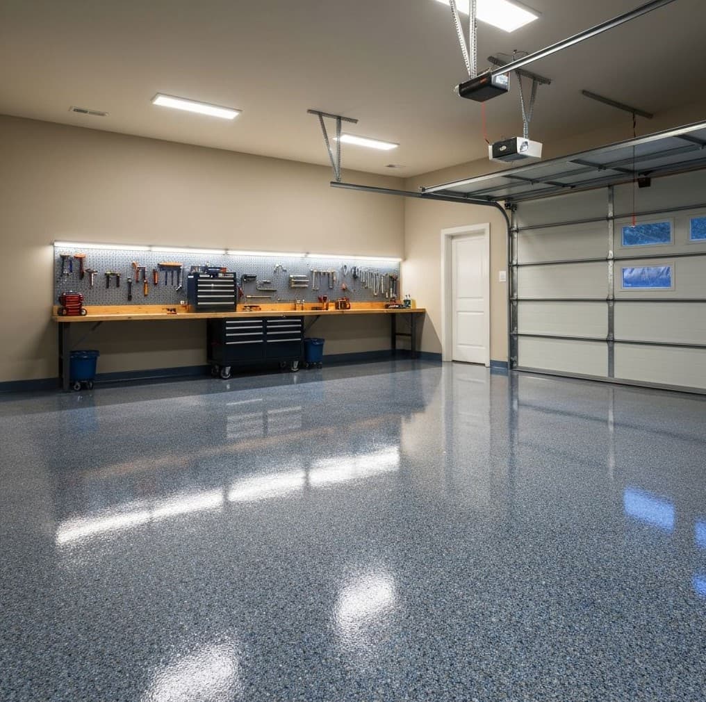 Decorative vinyl chip flake epoxy floor in a two-car garage