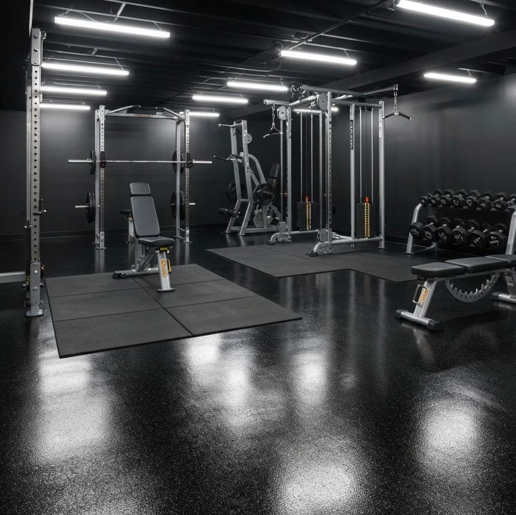 Charcoal black solid epoxy floor coating in a basement gym