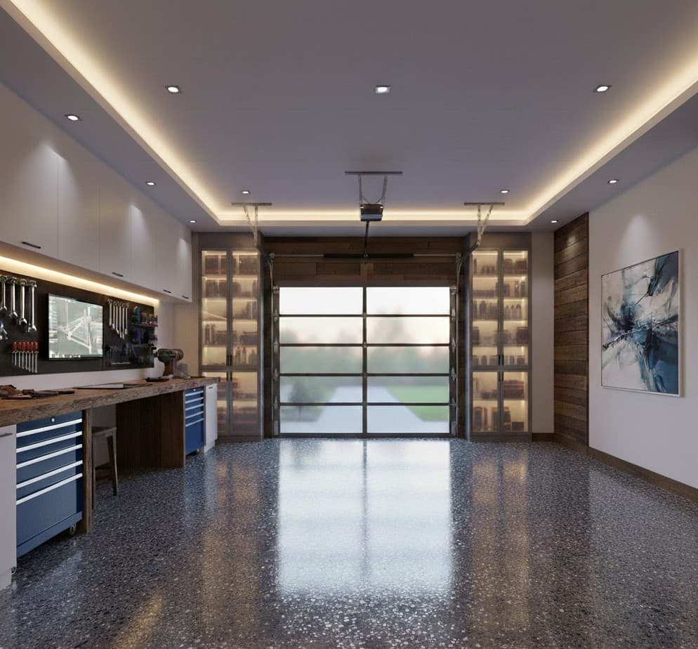 Pearl white and silver metallic epoxy in a luxury three-car garage