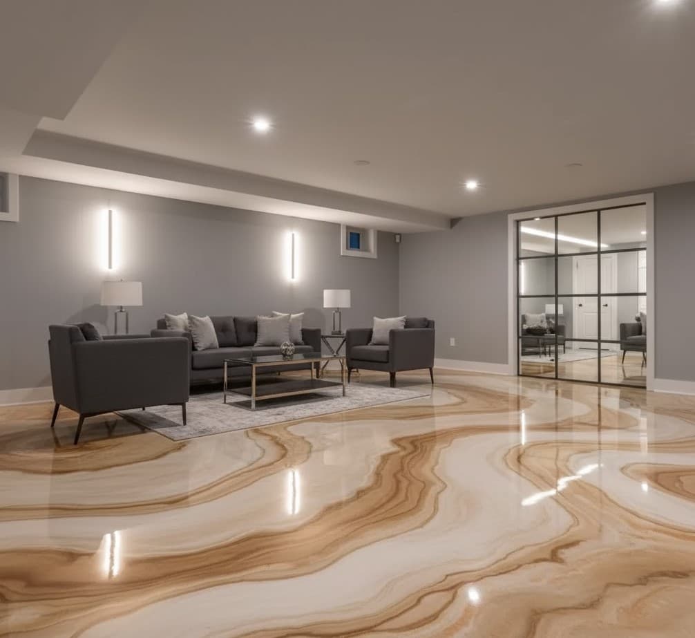 Deep blue and silver swirl metallic epoxy in a basement living space