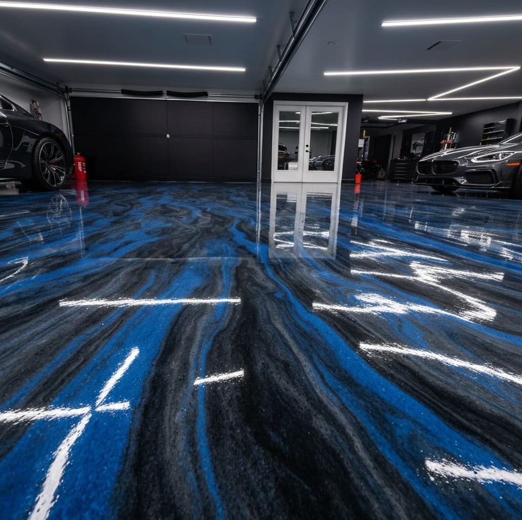 Stunning glossy epoxy garage floor with metallic blue and charcoal swirl patterns